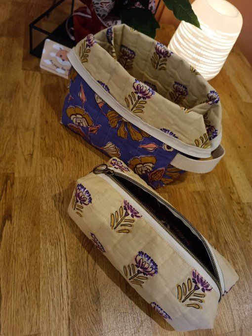 Ensemble trousse de toilette et  à maquillage tissu indien bleu